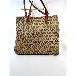 Michael Kors Signature Monogram Jacquard Canvas Tote Bag Brown Tan Gold Hardware